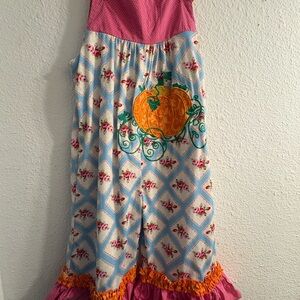 Girls Maxi Romper with Pumpkin Applique - Pink, Orange & Light Blue. 4